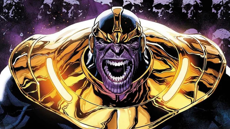 Thanos yelling in front of skulls