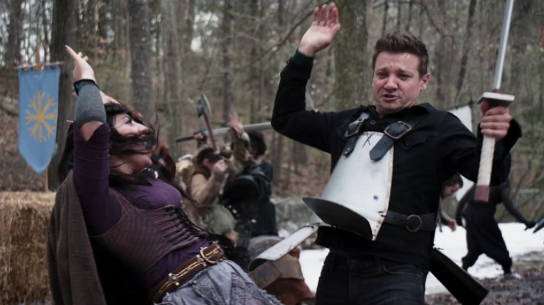 Clint Barton LARPing with a sword and armor