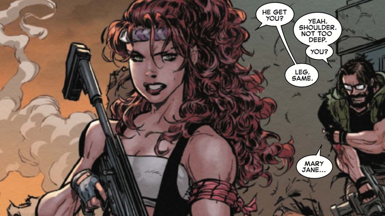 Mary Jane wielding a gun in the dark timeline