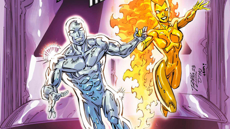 Silver Surfer holds Nova's hand