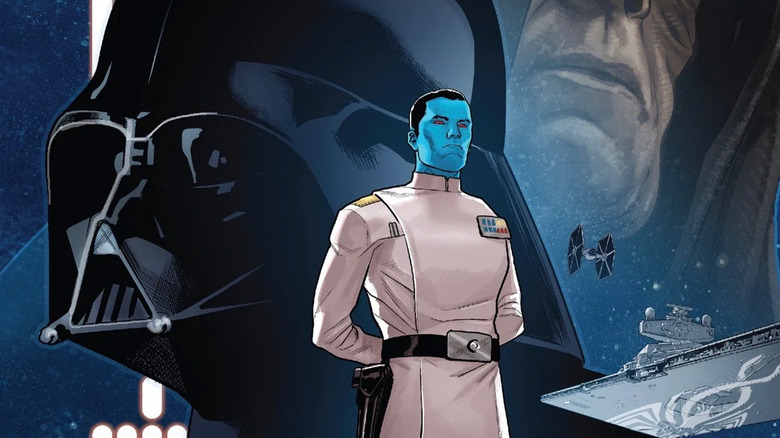 Thrawn standing in front of Darth Vader and Palpatine