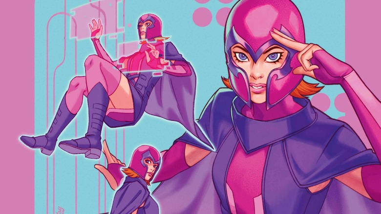 Magenta, Magneto's sidekick, dressed in a pink and purple suit and helmet