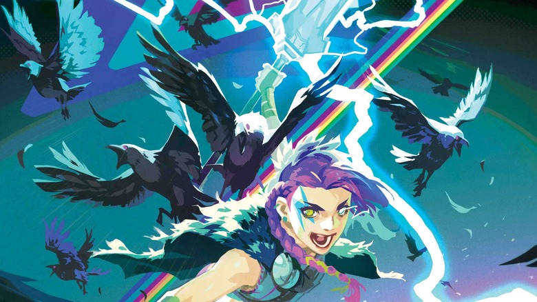 Thor's sidekick from the New Champions covers wielding a spear and lightning, wearing her hair in a purple braid