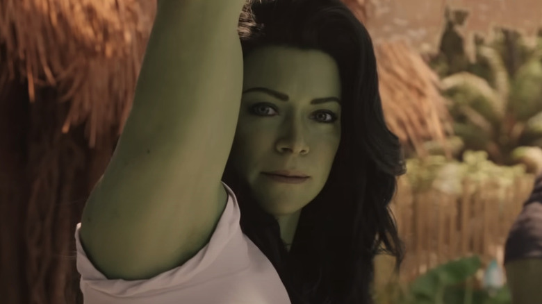 She-Hulk training in a white shirt