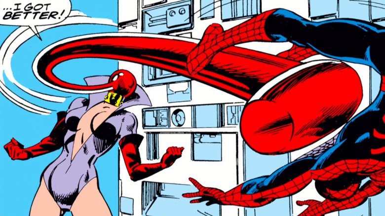 Ruby Thursday fights off Spider-Man.