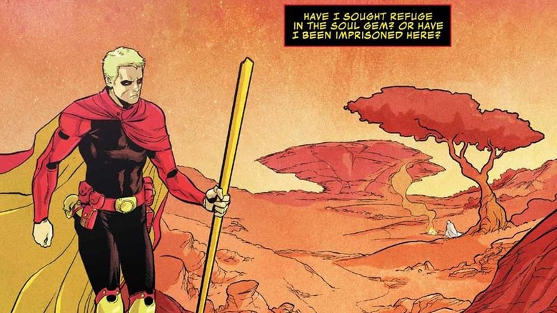 Adam Warlock pondering his situation as he walks through Soulworld