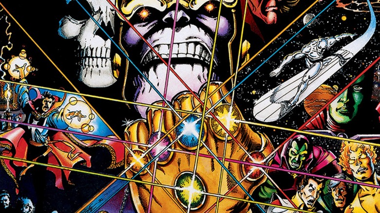 The cover of Infinity Gauntlet #1 showing Thanos and other characters with the Infinity Gauntlet in the center