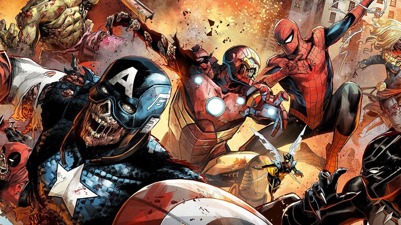 Zombified Deadpool, Captain America, Hulk, Iron Man, Spider-Man, Wasp, Black Panther, and Captain Marvel fighting