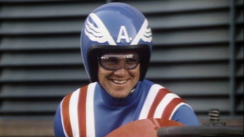 Captain America in motorcycle helmet