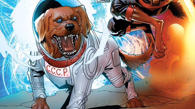 Cosmo on the cover of a Guardians comic with Rocket Raccoon