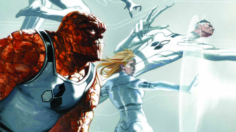 The Thing, Mr. Fantastic, and Invisible Woman white suits