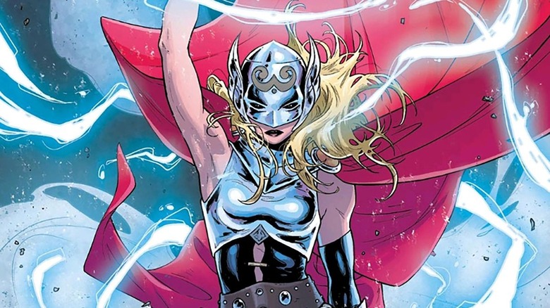 Lady Thor wielding hammer and lightening 