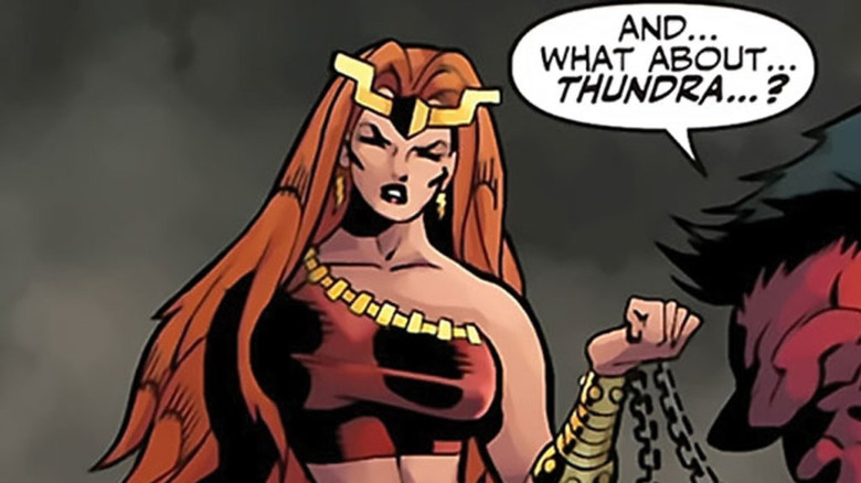 Thundra holds mace and fights Red Hulk