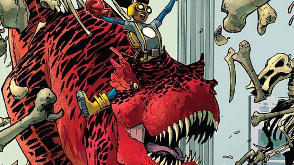 Moon Girl and Devil Dinosaur crashing through a museum