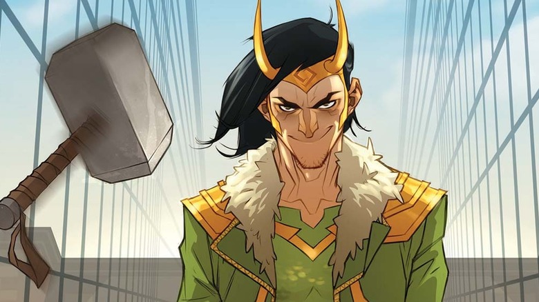 Loki smirking with Mjolnir