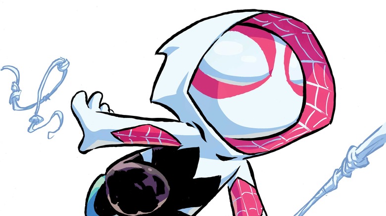 Baby Spider-Gwen swinging 