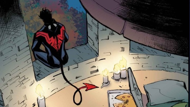 Nightcrawler as Spider-Man eating pizza in tower