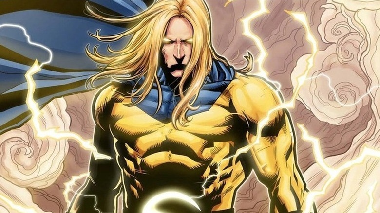 Sentry stands amid smoke, his body crackling with yellow lightning