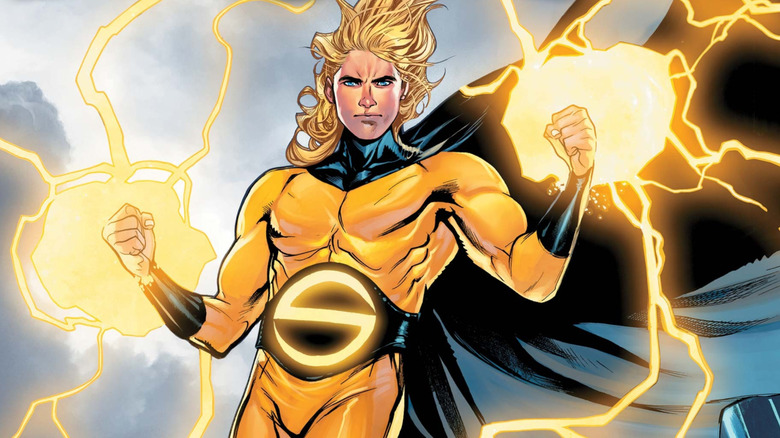 Sentry floating in the air, his fists glowing with yellow energy