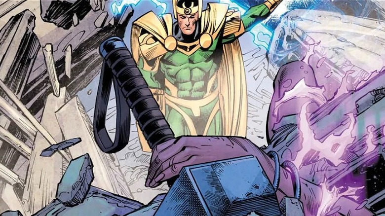 Loki standing in front of Mjolnir