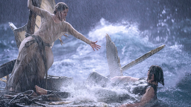 Galadriel and Halbrand on a raft