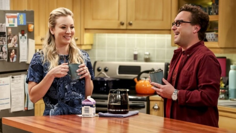 Penny and Leonard laughing on "The Big Bang Theory"