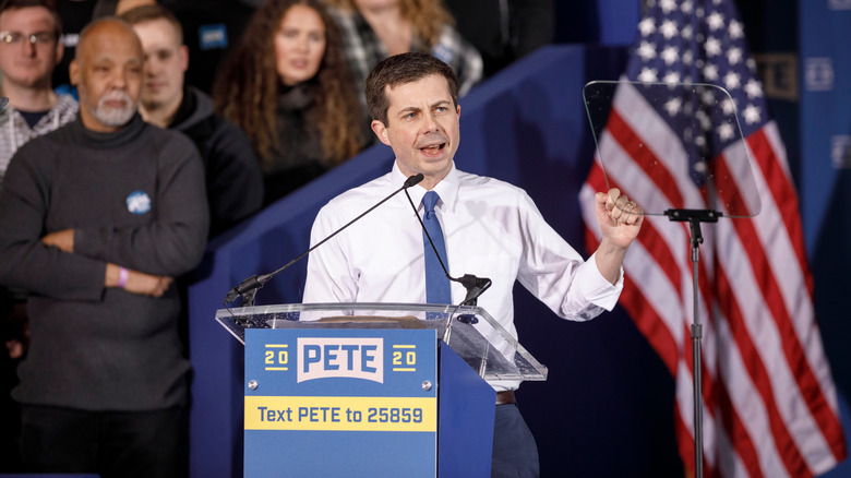 Pete Buttigieg speaking at campaign rally