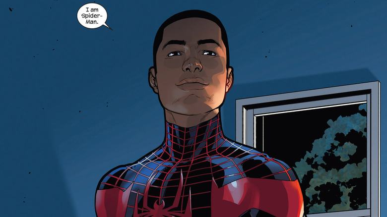 Miles Morales in his Spider-Man suit saying "I am Spider-Man."