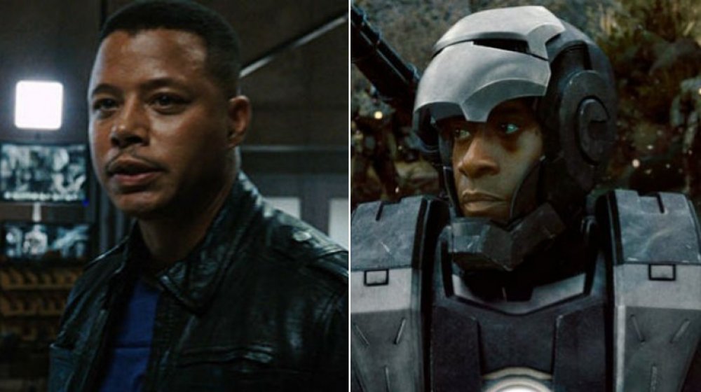 Split image of Terrence Howard as Rhodey in Iron Man and Don Cheadle as Rhodes in Iron Man 2