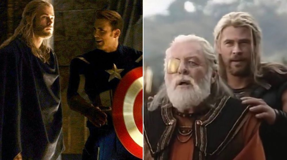 Split image of Thor with Chris Evans Loki and Thor with Anthony Hopkins Loki