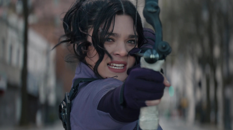 Steinfeld as Kate Bishop firing a bow