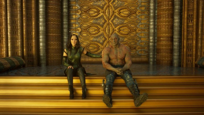 Pom Klementieff and Dave Bautista in Guardians of the Galaxy Vol. 2