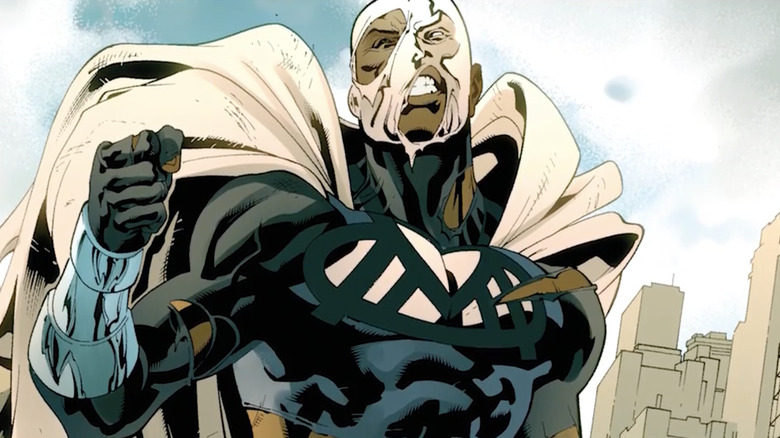 Blue Marvel with his mask in tatters, exposing his face