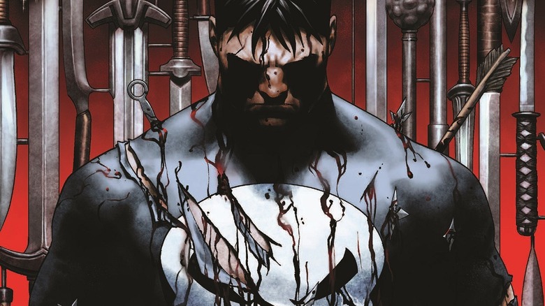 Punisher bleeding in front of swords