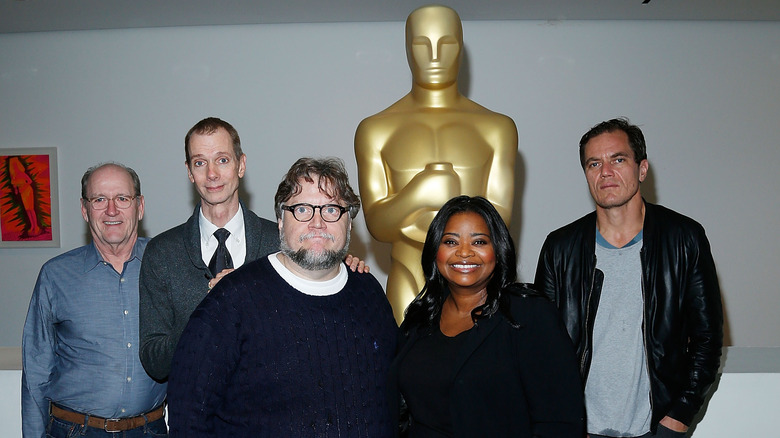 The Shape of Water stars Richard Jenkins, Doug Jones, Octavia Spencer and Michael Shannon posing with director Guillermo del Toro