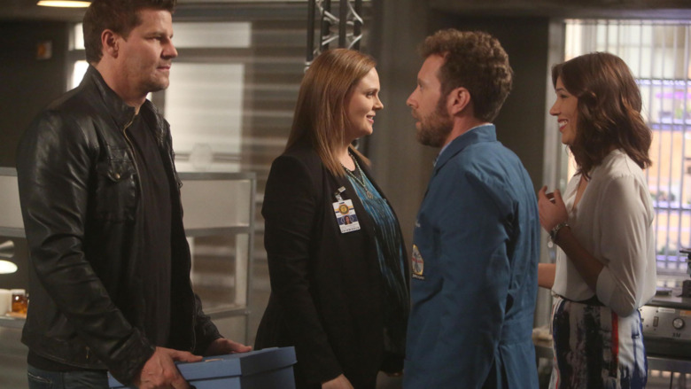 Booth, Brennan, Hodgins, and Angela smile on Bones