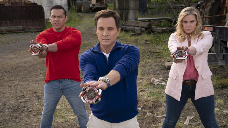 Rocky, Billy, and Kat holding morphers