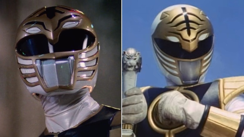 The White Ranger looking straight ahead and holding Saba