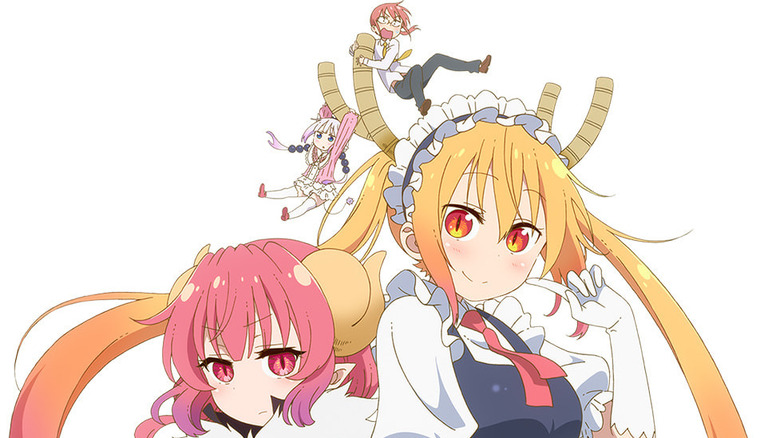 Ilulu and Tohru stand back to back while Kanna and Kobayashi hang on Tohru's horns