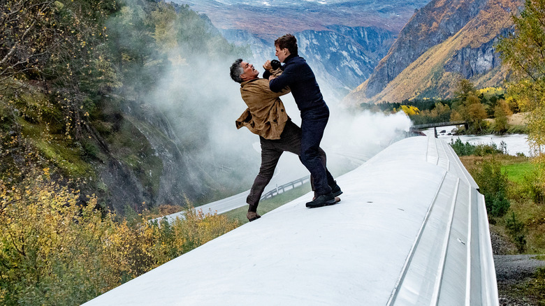 Ethan Hunt battling Gabriel on top of the moving Orient Express