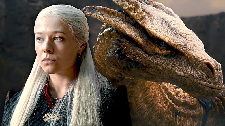 Rhaenyra standing with Syrax