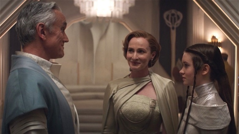 Mon Mothma in white dress smiling