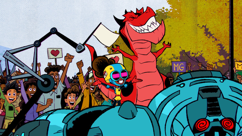 Crowd cheers Moon Girl and Devil Dinosaur