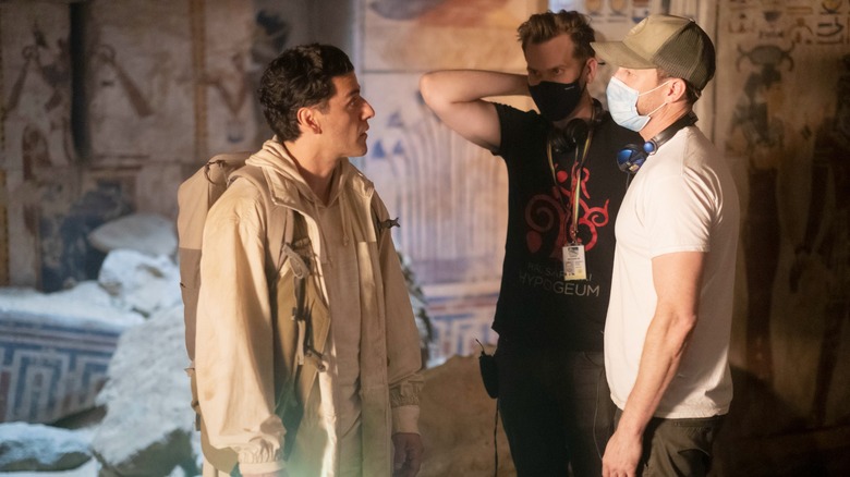 Oscar Isaac, Aaron Moorhead and Justin Benson on the set of "Moon Knight"