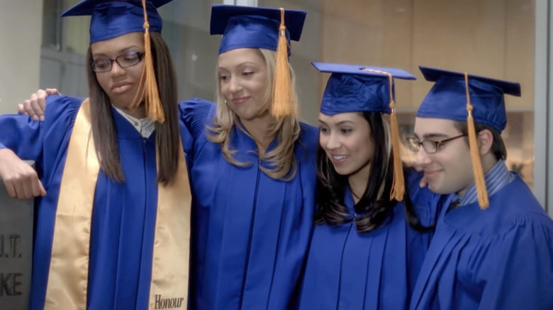 Sasha Barrable-Tishauer, Miriam McDonald, Cassie Steele and Jake Goldsbie in Degrassi: The Next Generation.