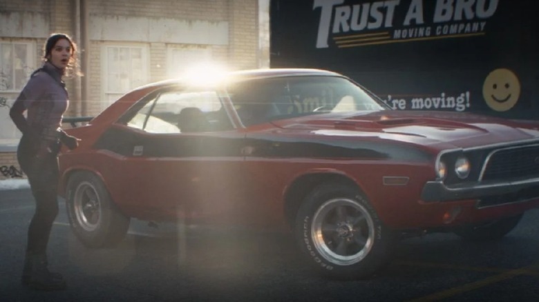 Kate Bishop beside '72 Challenger