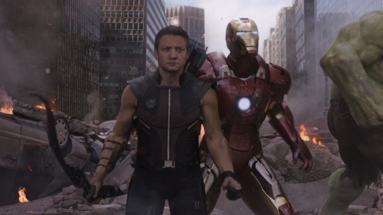 Iron Man grabbing Hawkeye in The Avengers