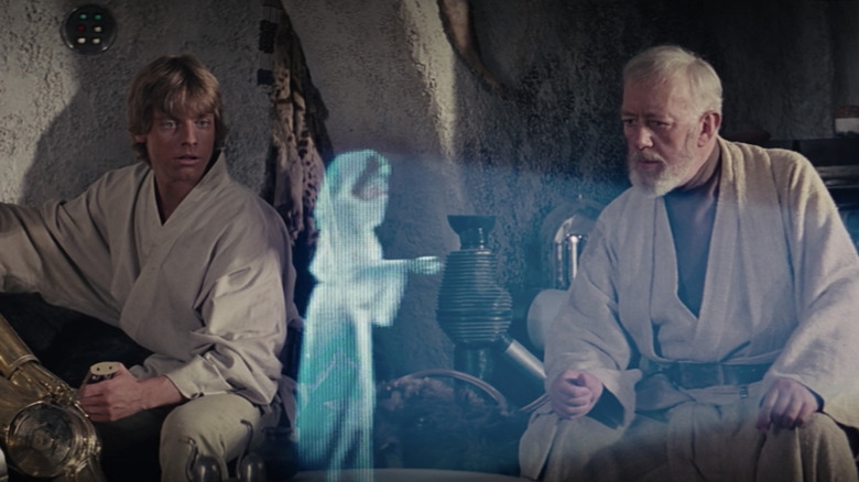 Princess Leia, Luke Skywalker, and Obi-Wan Kenobi in Star Wars: A New Hope