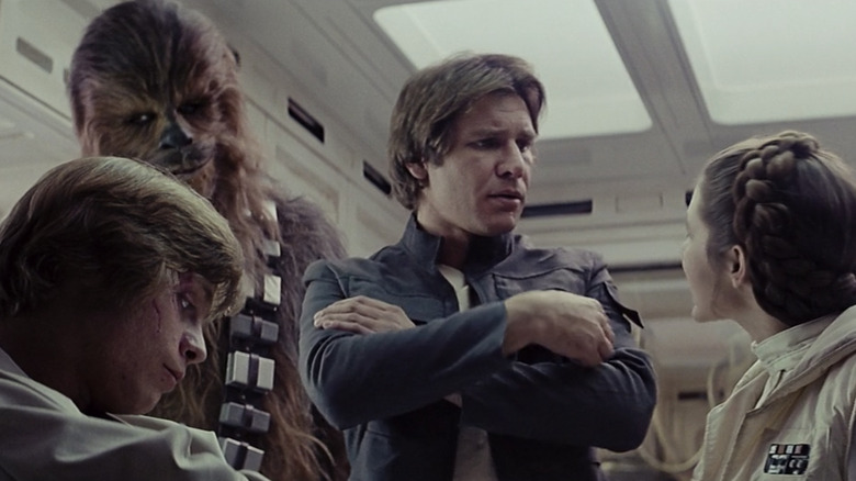 Princess Leia, Chewbacca, Luke Skywalker and Han Solo in Star Wars: The Empire Strikes Back