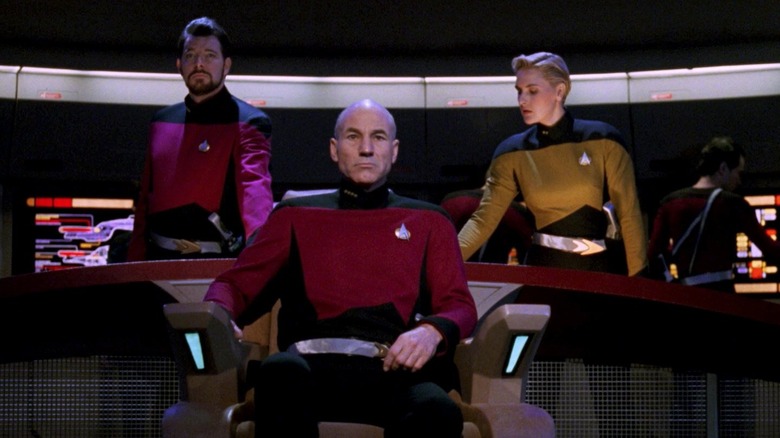 Captain Picard, Riker, and Yar aboard the Enterprise